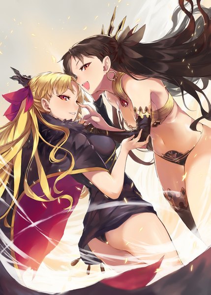Anime picture 1200x1679 with fate (series) fate/grand order ishtar (fate) ereshkigal (fate) ohland long hair tall image looking at viewer blush open mouth light erotic black hair simple background blonde hair red eyes bare shoulders multiple girls ass parted lips wind