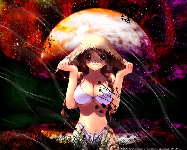 Anime picture 1280x1024 with dead or alive single light erotic red eyes brown hair twintails girl swimsuit hat bikini white bikini straw hat planet