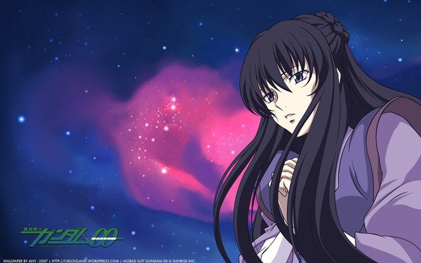 Anime picture 1920x1200 with mobile suit gundam mobile suit gundam 00 sunrise (studio) marina ismail single long hair highres black hair wide image purple eyes signed looking away upper body vector hands clasped girl star (stars)