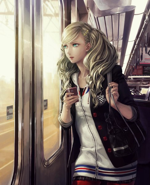 Anime picture 2428x2987 with persona 5 persona takamaki anne namako mikan single long hair tall image highres blonde hair twintails holding looking away parted lips pleated skirt aqua eyes plaid skirt wavy hair train interior girl skirt