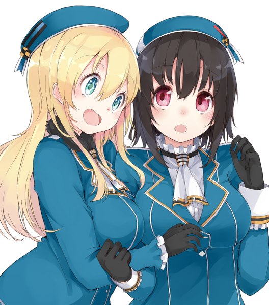 Anime picture 1057x1200 with kantai collection atago heavy cruiser takao heavy cruiser kou mashiro long hair tall image blush short hair open mouth black hair blonde hair simple background white background multiple girls looking away pink eyes aqua eyes + + girl gloves