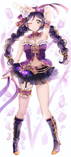 Anime picture 2300x5060 with love live! school idol project sunrise (studio) love live! toujou nozomi shirokagi tsukito single long hair tall image looking at viewer blush fringe highres breasts simple background smile large breasts holding cleavage purple hair full body