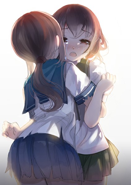Anime picture 700x990 with kantai collection fubuki destroyer mutsuki destroyer fuyouchu long hair tall image blush fringe open mouth brown hair standing multiple girls brown eyes ponytail pleated skirt from behind sunlight leaning leaning forward hug