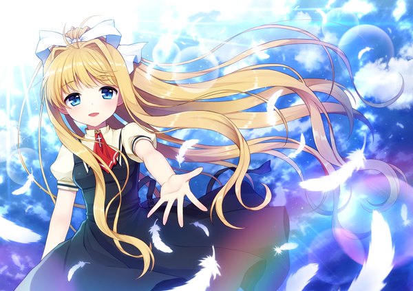 Anime picture 1920x1356 with air key (studio) kamio misuzu mauve single long hair looking at viewer highres breasts open mouth blue eyes blonde hair sky cloud (clouds) very long hair wind short sleeves puffy sleeves girl dress