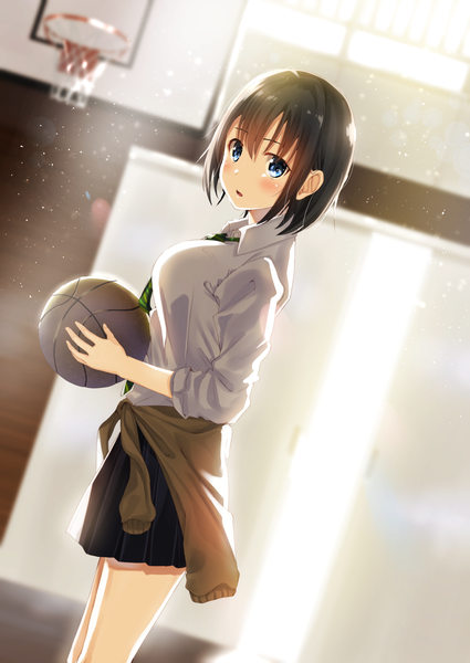 Anime picture 1032x1457 with original kukiha single tall image looking at viewer blush fringe short hair blue eyes hair between eyes brown hair standing clothes around waist sleeves pushed up girl uniform school uniform ball basketball ball