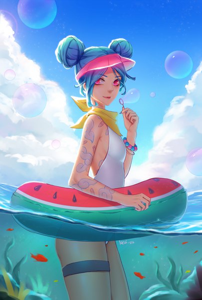 Anime picture 1771x2622 with league of legends jinx (league of legends) kezi single tall image highres short hair smile signed sky cloud (clouds) pink eyes aqua hair hair bun (hair buns) tattoo partially submerged alternate hairstyle alternate hair length girl swimsuit