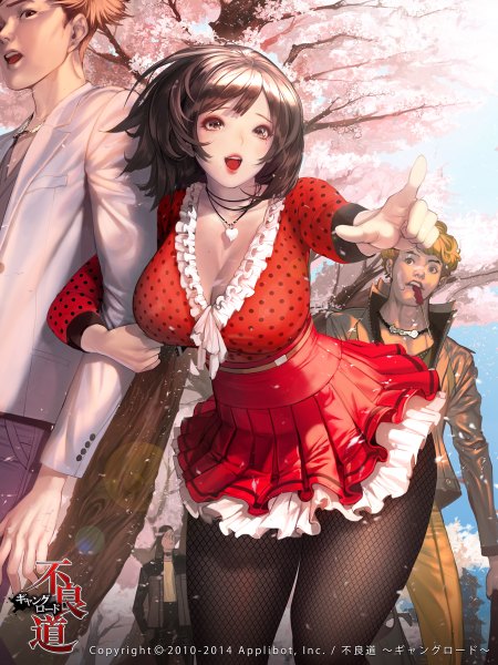 Anime picture 900x1200 with furyou michi ~gang road~ nightmadness tall image short hair breasts open mouth brown hair large breasts standing brown eyes sunlight mole teeth leaning leaning forward mole under eye cherry blossoms outstretched arm holding hands happy