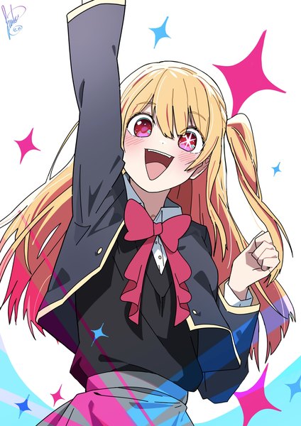 Anime picture 2894x4093 with oshi no ko hoshino ruby hanten (hantennano) single long hair tall image looking at viewer blush fringe highres open mouth blonde hair hair between eyes white background upper body :d pink eyes arm up one side up symbol-shaped pupils