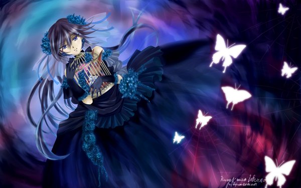 Anime picture 1920x1200 with pandora hearts xebec alice (pandora hearts) will of the abyss kuryuki long hair highres blue eyes wide image blue hair hair flower dress hair ornament flower (flowers) bow rose (roses) insect butterfly toy stuffed animal