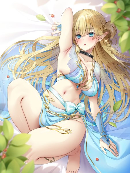 Anime picture 751x1000 with original navy (navy.blue) single long hair tall image looking at viewer blush fringe breasts open mouth light erotic blonde hair hair between eyes large breasts bent knee (knees) nail polish barefoot arm up aqua eyes fingernails