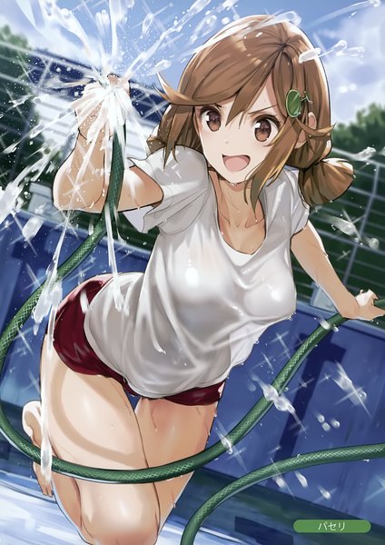 Anime picture 2475x3500 with melonbooks paseri single tall image blush fringe highres short hair breasts open mouth light erotic smile hair between eyes brown hair standing twintails holding brown eyes signed payot
