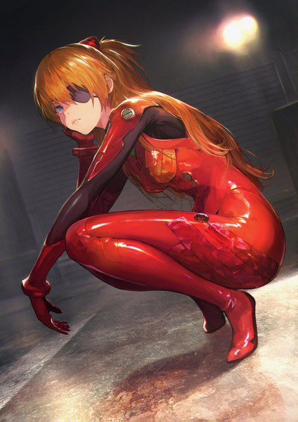 Anime picture 1536x2172 with neon genesis evangelion rebuild of evangelion evangelion: 3.0 you can (not) redo gainax soryu asuka langley shikinami asuka langley shirataki jiro single long hair tall image looking at viewer fringe blue eyes hair between eyes brown hair full body two side up squat serious head rest