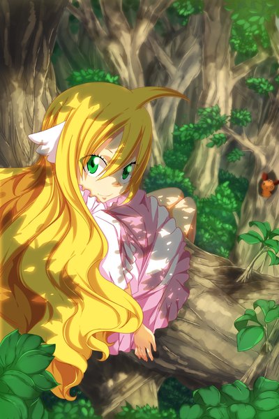 Anime picture 3600x5400 with fairy tail mavis vermillion tongasart single long hair tall image highres blonde hair smile green eyes absurdres ahoge looking back loli coloring head wings girl dress plant (plants) animal