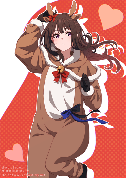 Anime picture 1488x2104 with lycoris recoil inoue takina aoi suzu single long hair tall image brown hair purple eyes arm up horn (horns) christmas sweatdrop antlers girl gloves black gloves heart bell jingle bell animal costume