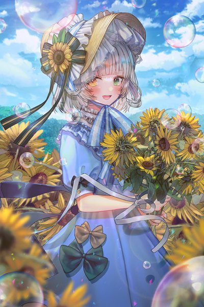 Anime picture 1000x1500 with original hanato (seonoaiko) single tall image looking at viewer blush fringe short hair open mouth sky silver hair cloud (clouds) blunt bangs :d heterochromia girl flower (flowers) bow hat bubble (bubbles)