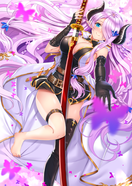 Anime picture 1102x1560 with granblue fantasy narmaya (granblue fantasy) swordsouls single tall image blush fringe breasts blue eyes light erotic smile large breasts cleavage purple hair lying very long hair barefoot horn (horns) pointy ears hair over one eye