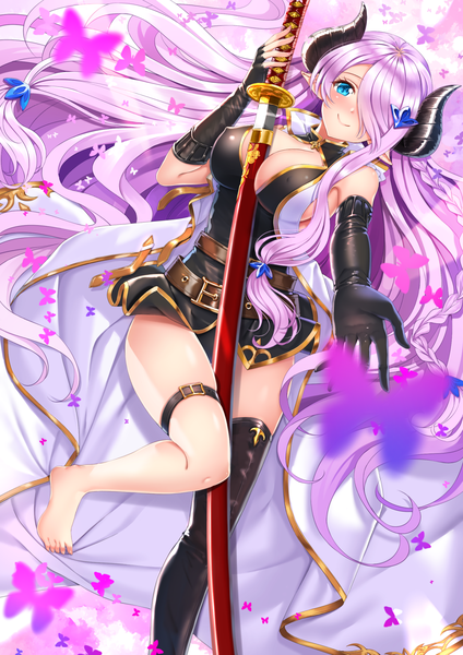 Anime-Bild 1102x1560 mit granblue fantasy narmaya (granblue fantasy) swordsouls single tall image blush fringe breasts blue eyes light erotic smile large breasts cleavage purple hair lying very long hair barefoot horn (horns) pointy ears hair over one eye