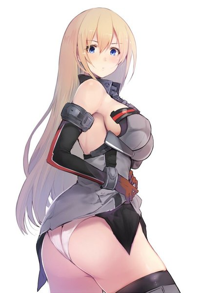 Anime picture 700x1023 with kantai collection bismarck battleship sumisu (mondo) single long hair tall image looking at viewer blush fringe breasts blue eyes light erotic simple background blonde hair large breasts standing white background ass no bra embarrassed