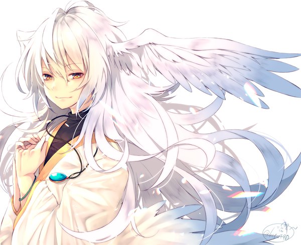 Anime picture 2000x1630 with original chita (ketchup) single long hair looking at viewer fringe highres simple background smile hair between eyes white background signed yellow eyes payot upper body white hair floating hair head wings hands clasped white wings