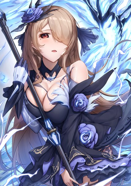 Anime-Bild 1061x1500 mit honkai impact 3rd honkai (series) rita rossweisse rita rossweisse (fallen rosemary) xfate single long hair tall image looking at viewer blush fringe breasts open mouth light erotic red eyes brown hair large breasts standing holding cleavage