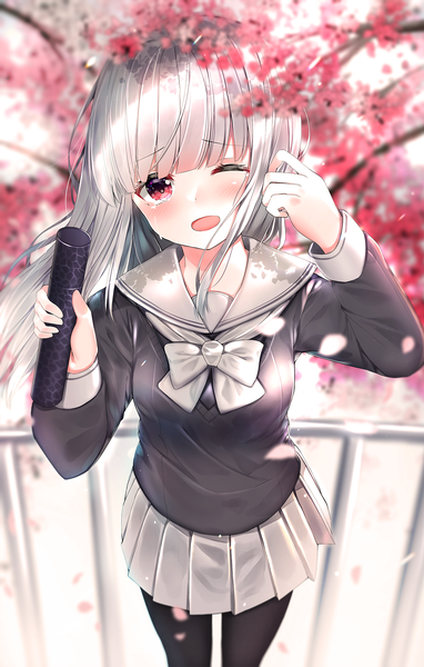Anime picture 1200x1882 with original neku (neku draw) single long hair tall image looking at viewer blush fringe open mouth red eyes standing holding silver hair outdoors blunt bangs pleated skirt one eye closed arm up tears cherry blossoms