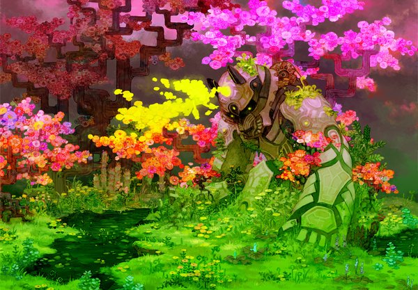 Anime picture 2110x1468 with original osaki (pixiv) highres abstract flower (flowers) plant (plants) tree (trees) staff cap monster mecha