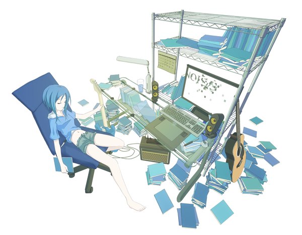 Anime picture 1280x1000 with original r.s.r. short hair white background sitting blue hair eyes closed barefoot sleeping girl water shorts book (books) chair table musical instrument guitar lamp shelf glass