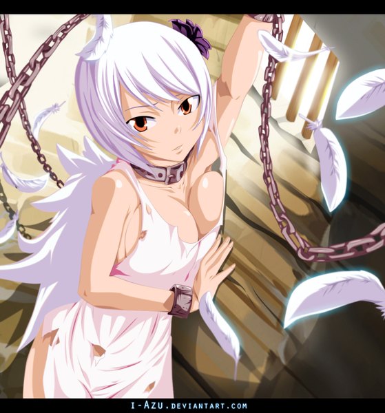 Anime picture 1350x1447 with fairy tail yukino aguria i-azu single tall image short hair light erotic white hair hair flower from above sunlight orange eyes coloring torn clothes letterboxed girl dress hair ornament white dress chain