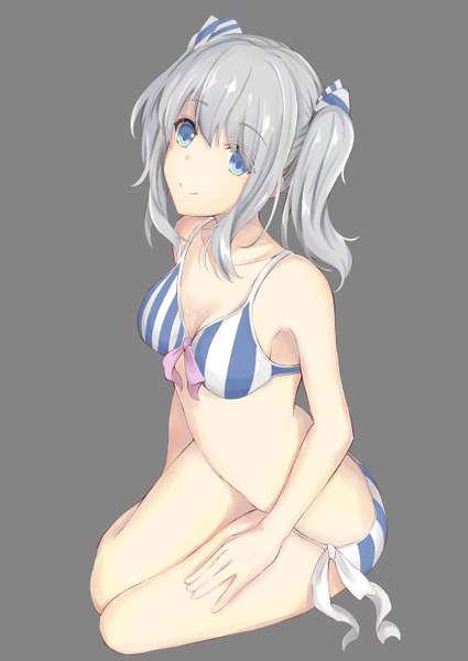 Anime picture 4299x6070 with kantai collection kashima training cruiser kaze hajime single long hair tall image fringe highres breasts blue eyes light erotic simple background hair between eyes sitting twintails bare shoulders payot looking away absurdres silver hair