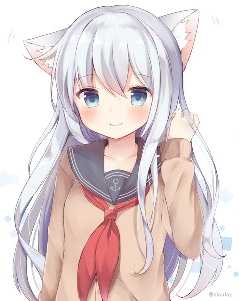 Anime picture 853x1071 with kantai collection hibiki destroyer masayo (gin no ame) single long hair tall image blush fringe blue eyes simple background smile hair between eyes white background signed animal ears looking away silver hair upper body cat ears cat girl