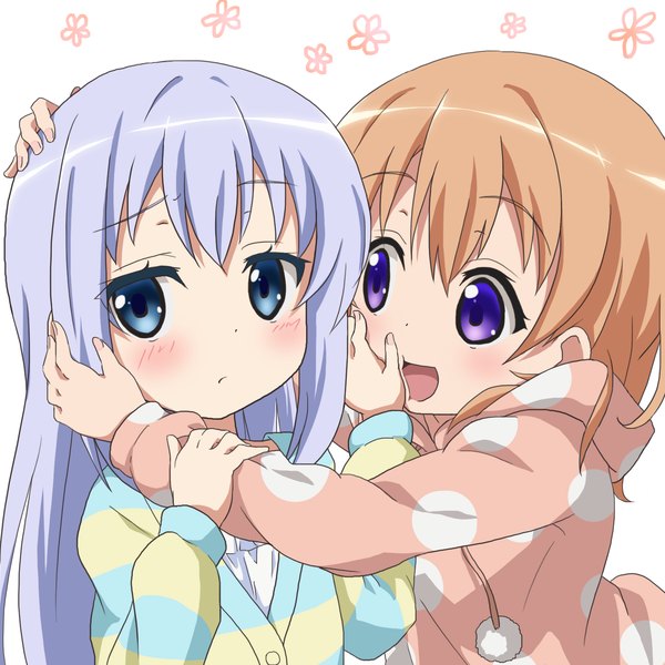 Anime picture 1500x1500 with gochuumon wa usagi desu ka? white fox kafuu chino hoto cocoa red star (toranecomet) long hair blush short hair blue eyes simple background smile white background purple eyes multiple girls blue hair :d orange hair loli embarrassed hug