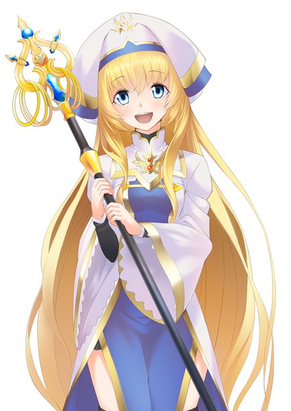 Anime picture 1240x1754 with goblin slayer! priestess (goblin slayer!) kouren0au single tall image looking at viewer blush fringe open mouth blue eyes simple background blonde hair smile hair between eyes standing white background holding payot very long hair head tilt