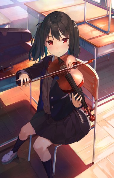 Anime picture 1000x1555 with original kagematsuri single long hair tall image looking at viewer blush black hair smile red eyes sitting twintails bent knee (knees) indoors pleated skirt from above sunlight playing instrument girl skirt