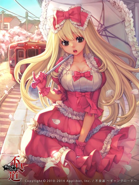 Anime picture 800x1067 with joker ~gang road~ obsidian single long hair tall image fringe blonde hair standing holding brown eyes sky parted lips wind city cityscape girl dress gloves bow hair bow