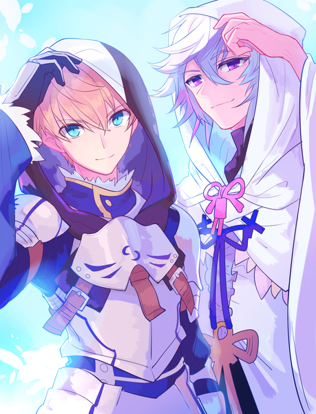 Anime picture 919x1200 with fate (series) fate/grand order fate/prototype merlin (fate) arthur pendragon (fate) harapeko midori mushi tall image looking at viewer fringe short hair blonde hair hair between eyes standing purple eyes sky upper body white hair aqua eyes light smile multiple boys