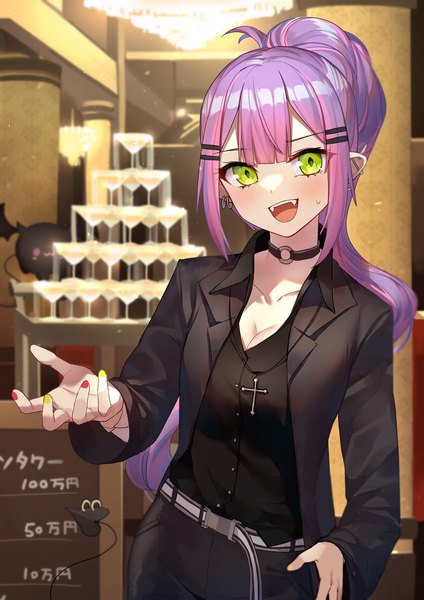 Anime picture 1350x1909 with virtual youtuber hololive tokoyami towa mr.lime single long hair tall image looking at viewer blush fringe breasts open mouth smile green eyes payot purple hair tail nail polish head tilt :d