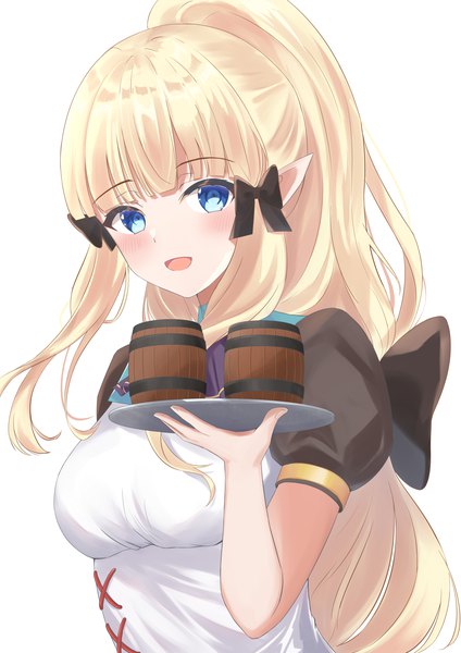 Anime picture 1447x2047 with princess connect! re:dive princess connect! saren (princess connect!) ganbariino single long hair tall image looking at viewer blush fringe breasts open mouth blue eyes simple background blonde hair smile large breasts standing white background holding