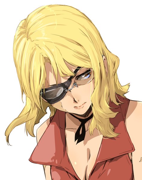 Anime picture 2580x3268 with baccano! nice holystone enami katsumi single long hair tall image highres simple background blonde hair white background bare shoulders brown eyes looking away cleavage from above portrait scar girl glasses eyepatch