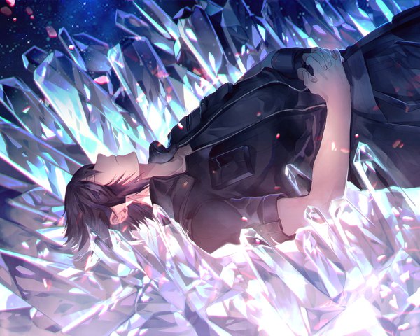 Anime picture 1750x1400 with final fantasy final fantasy xv square enix noctis lucis caelum sunakumo single fringe highres short hair black hair hair between eyes lying eyes closed open clothes short sleeves on back hands clasped upside down boy jacket