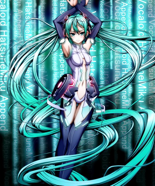 イラスト 1024x1229 と ボーカロイド vocaloid append 初音ミク 初音ミクappend hachimitsu candy (artist) ソロ 長身像 赤面 立つ ツインテール very long hair aqua eyes aqua hair armpit (armpits) 女の子 手袋 へそ 長手袋 ボディースーツ