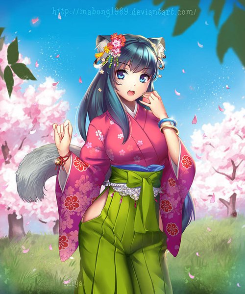 Anime picture 800x961 with original riiya (mabong1989) single long hair tall image looking at viewer fringe open mouth blue eyes hair between eyes standing signed animal ears blue hair sky outdoors tail traditional clothes japanese clothes animal tail