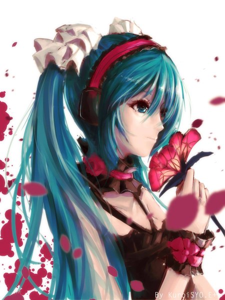 Anime picture 1080x1440 with 7th dragon vocaloid hatsune miku asahi kuroi single long hair tall image fringe blue eyes simple background smile white background twintails signed blue hair looking away sleeveless girl flower (flowers) petals