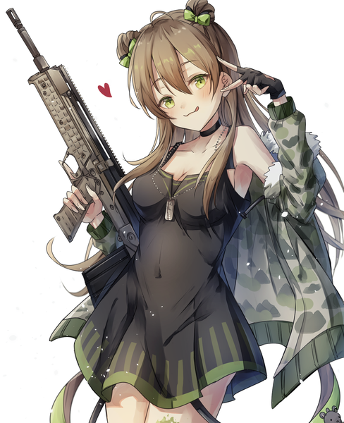 Anime picture 1442x1774 with girls frontline rfb (girls frontline) kogarashi kon single long hair tall image looking at viewer blush fringe simple background hair between eyes brown hair white background green eyes ahoge open jacket hair bun (hair buns) covered navel victory trigger discipline