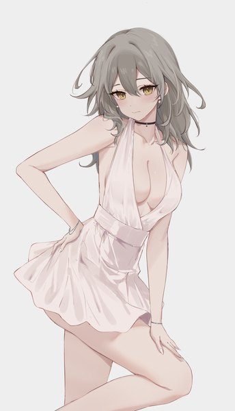 Anime picture 4205x7342 with honkai: star rail honkai (series) trailblazer (honkai: star rail) stelle (honkai: star rail) feint721 single long hair tall image looking at viewer blush fringe highres breasts light erotic simple background hair between eyes standing yellow eyes absurdres cleavage