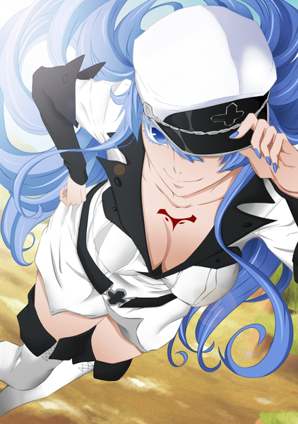Anime picture 750x1066 with akame ga kill! white fox esdeath nikkonh single long hair tall image blue eyes light erotic smile blue hair cleavage nail polish fingernails from above tattoo zettai ryouiki hand on hip girl flat cap