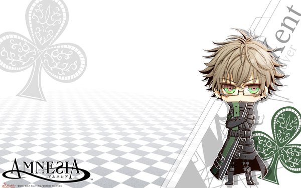 Anime picture 1920x1200 with amnesia idea factory kent (amnesia) single highres short hair simple background blonde hair wide image green eyes inscription hieroglyph crossed arms chibi checkered floor boy glasses