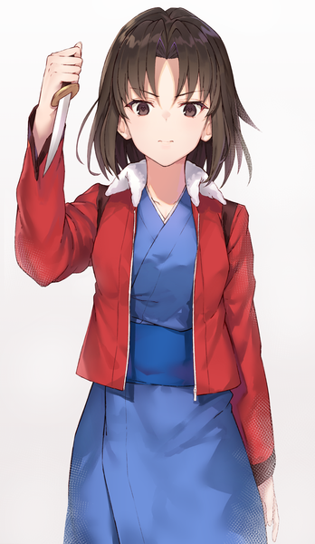 Anime picture 1846x3181 with kara no kyoukai type-moon ryougi shiki black cola single tall image fringe highres short hair simple background brown hair standing holding brown eyes long sleeves traditional clothes parted lips japanese clothes arm up open jacket