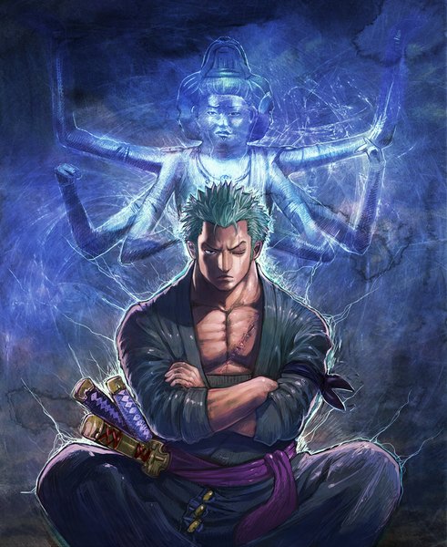 Anime picture 818x1000 with one piece toei animation roronoa zoro buddha boyaking(sbf) single tall image looking at viewer short hair sitting green hair scar crossed arms boy weapon sword katana armband
