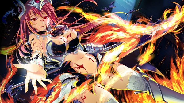 Anime picture 2048x1152 with shin shirogane no soleil skyfish (studio) single long hair highres breasts light erotic red eyes wide image game cg red hair torn clothes girl thighhighs hair ornament white thighhighs armor blood fire