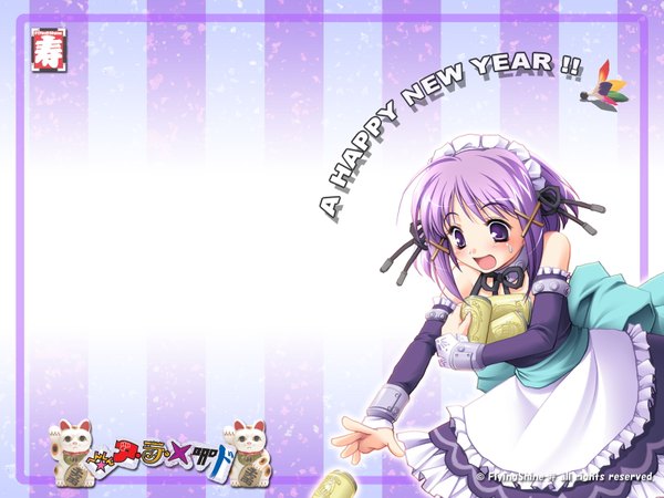 Anime picture 1600x1200 with tagme (copyright) tagme (artist) single short hair purple eyes purple hair maid new year happy new year girl uniform hair ornament headdress maid headdress x hair ornament can maneki-neko